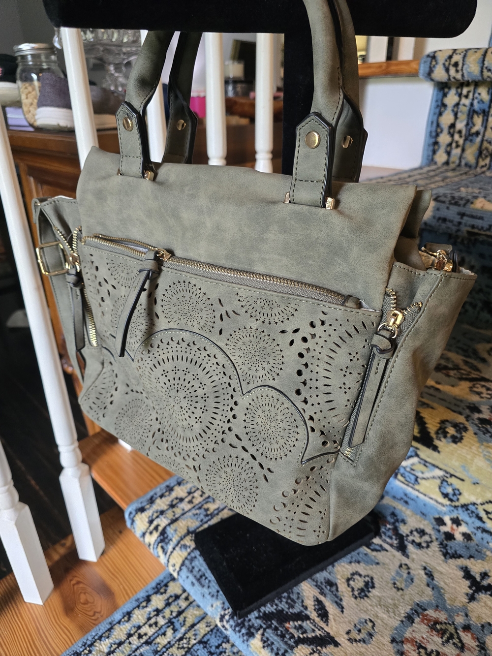 Moda Luxe Olive Green Laser-Cut Tote with Gold Hardware